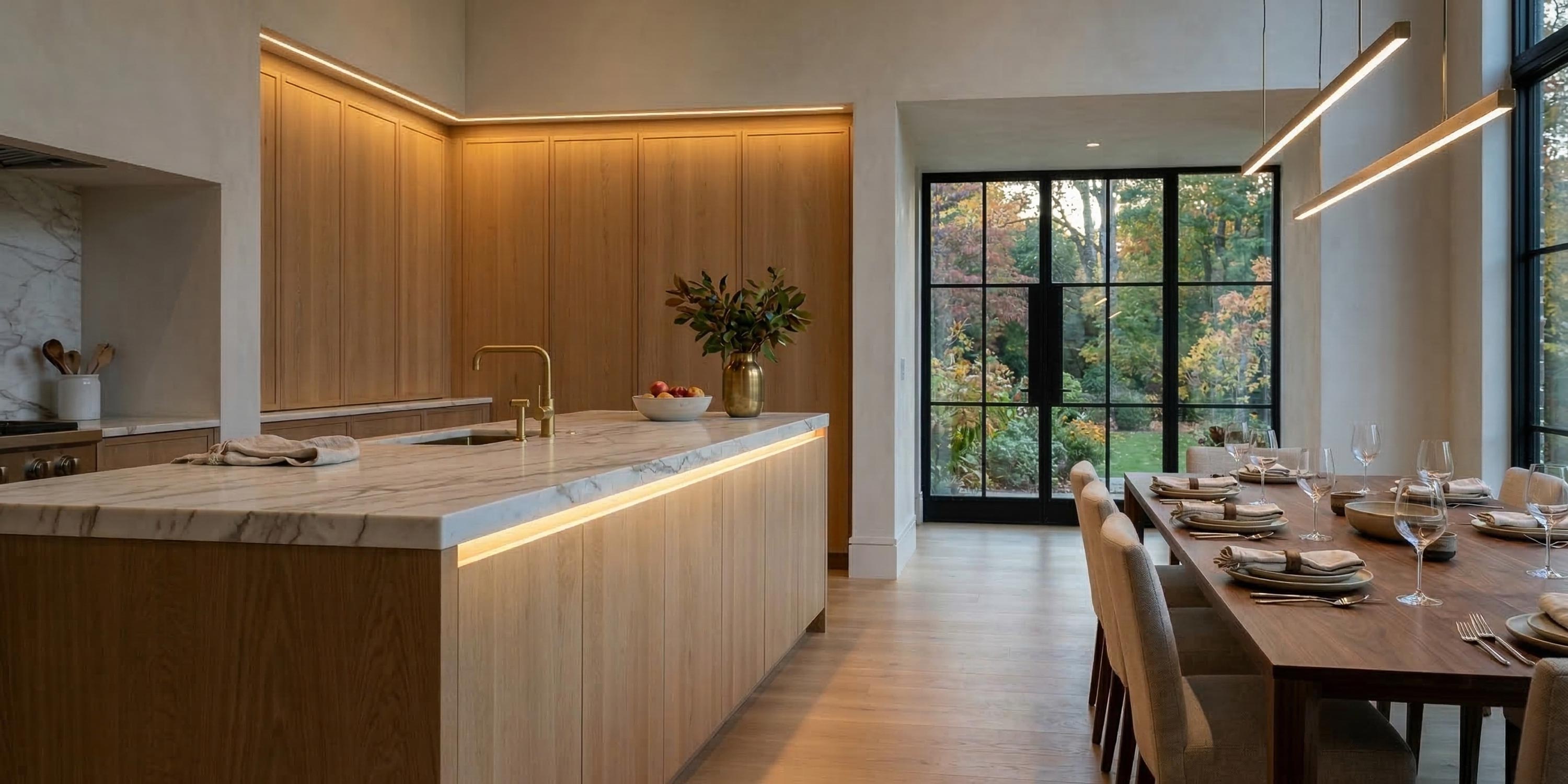 Modern kitchen island and dining table with view of fall foliage