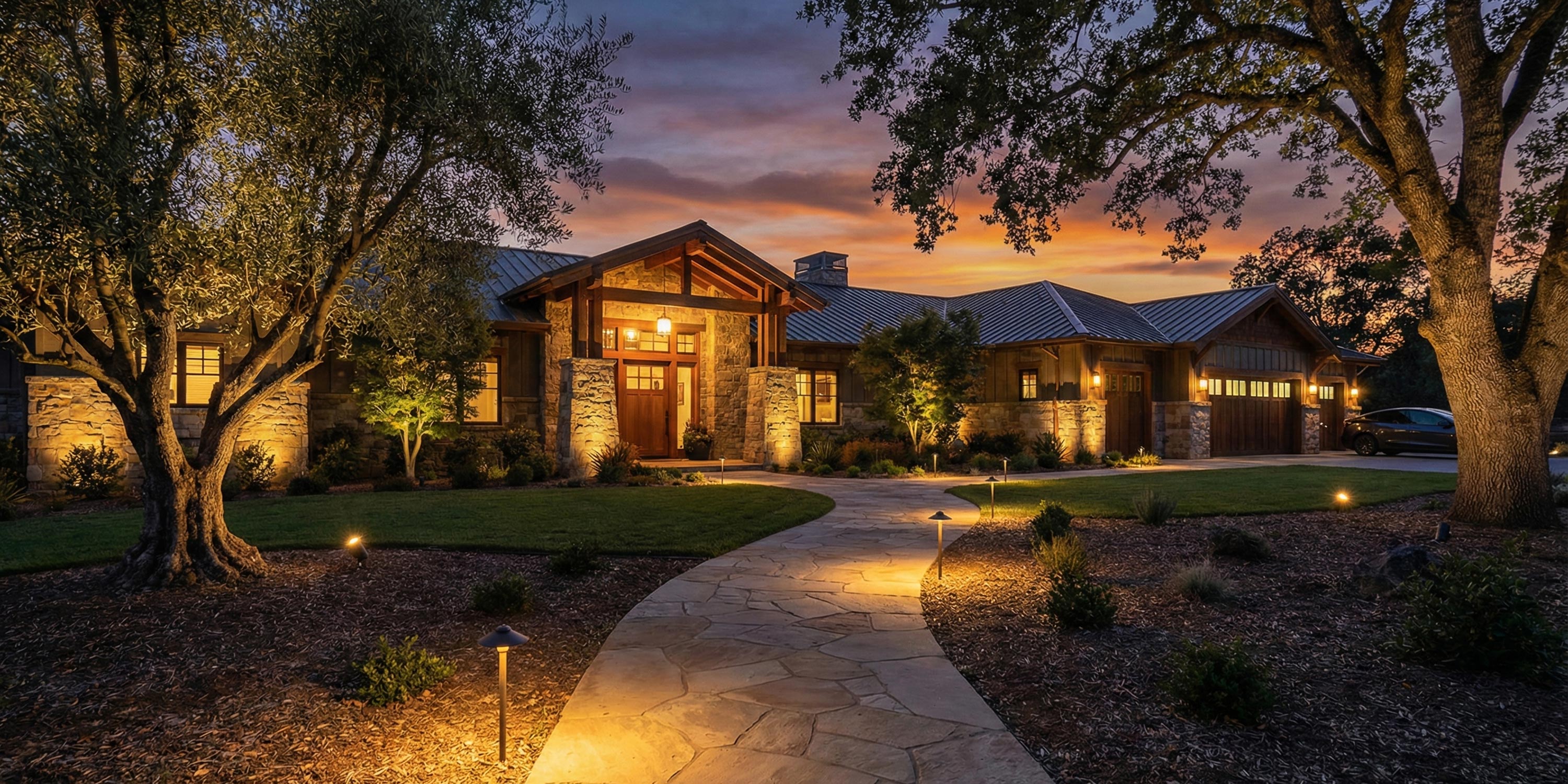Illuminated stone and wood home exterior at sunset with lit pathway