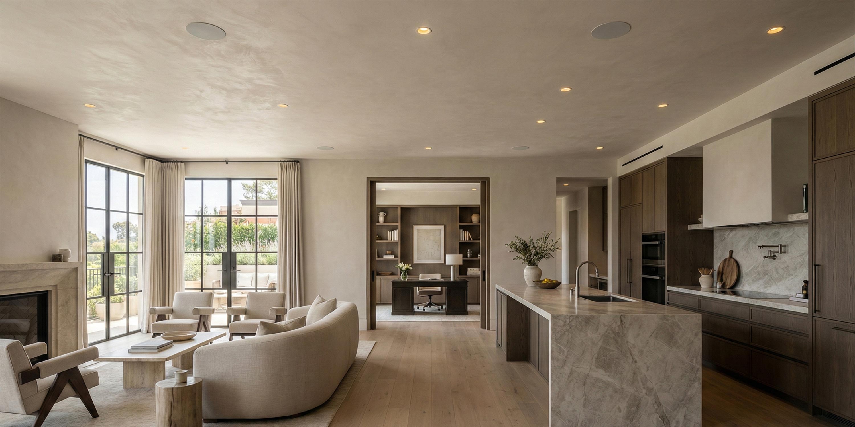 Bright open concept living area connecting to kitchen and office