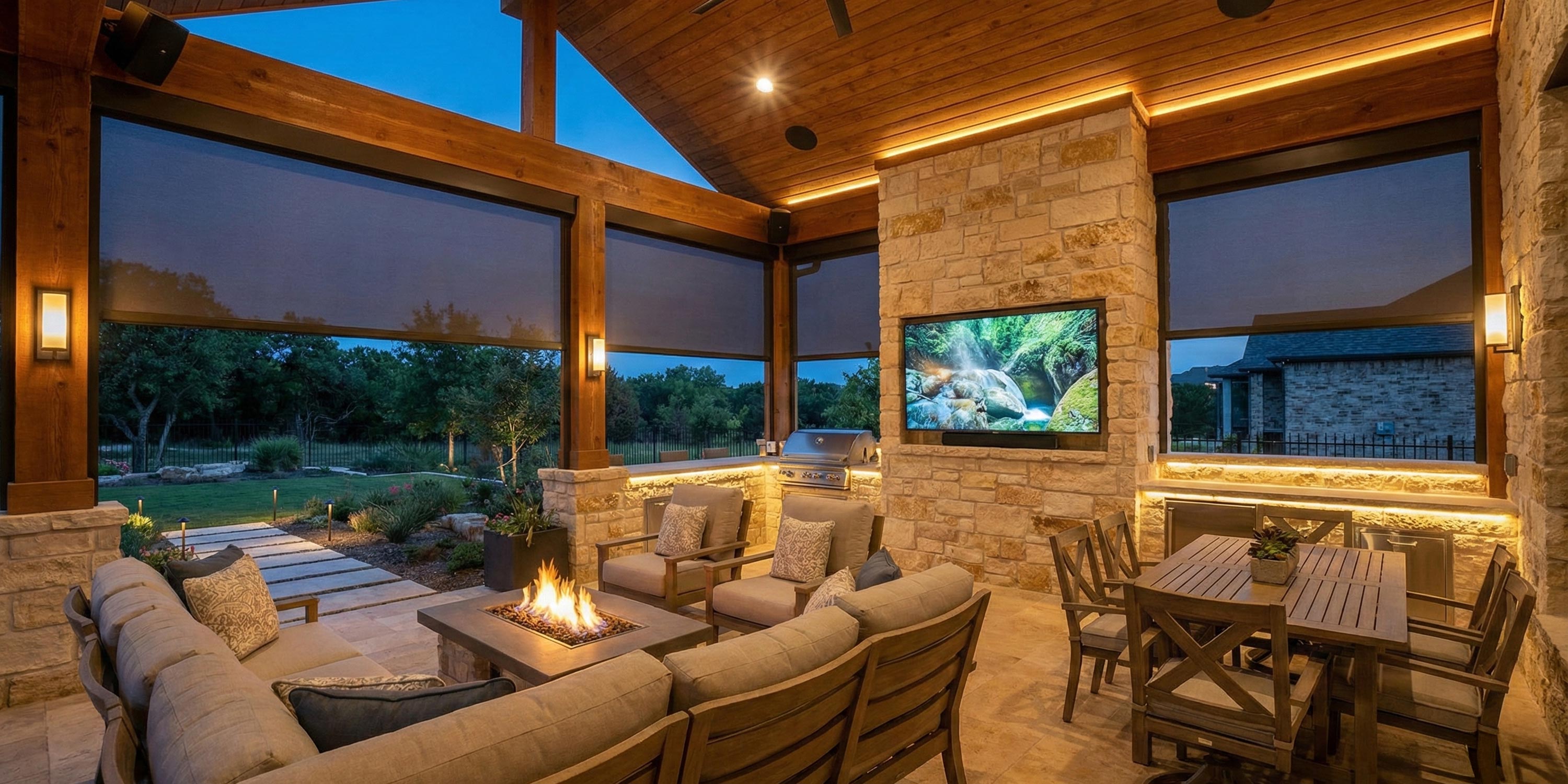 Luxury covered porch with fireplace, TV, dining table, and bar