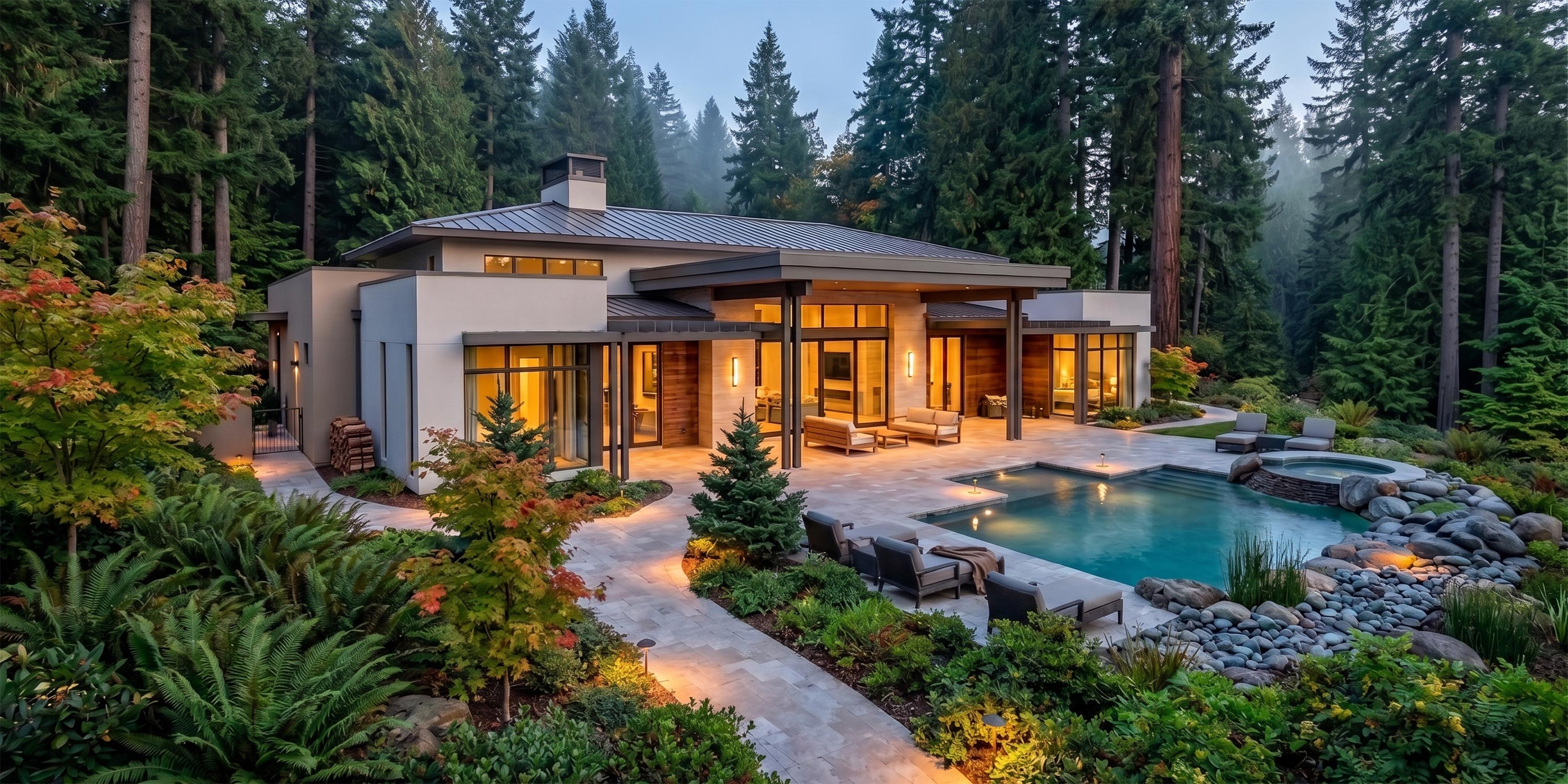 Modern house with a swimming pool surrounded by a dense forest
