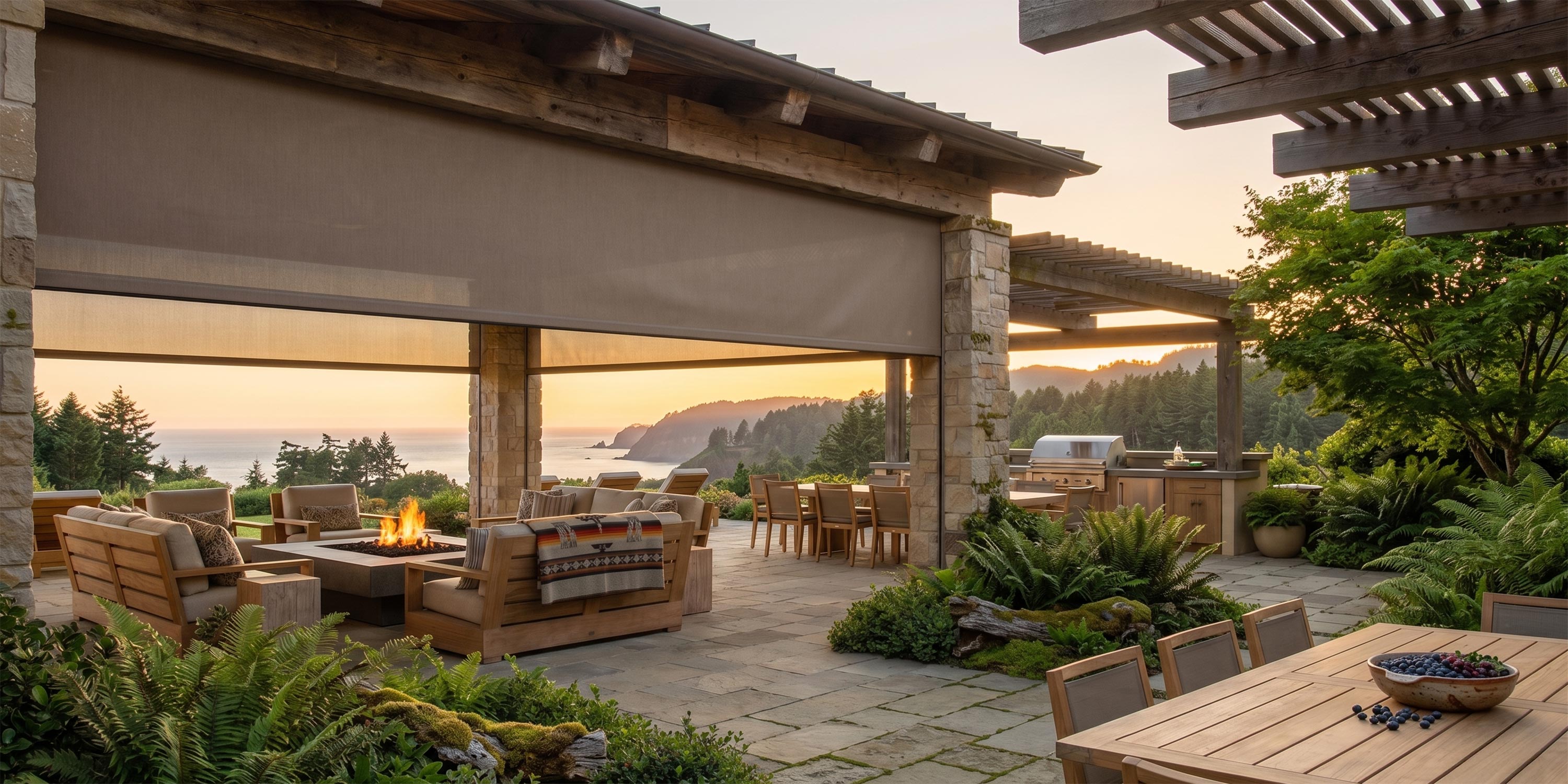 Covered outdoor patio with seating and ocean views at sunset