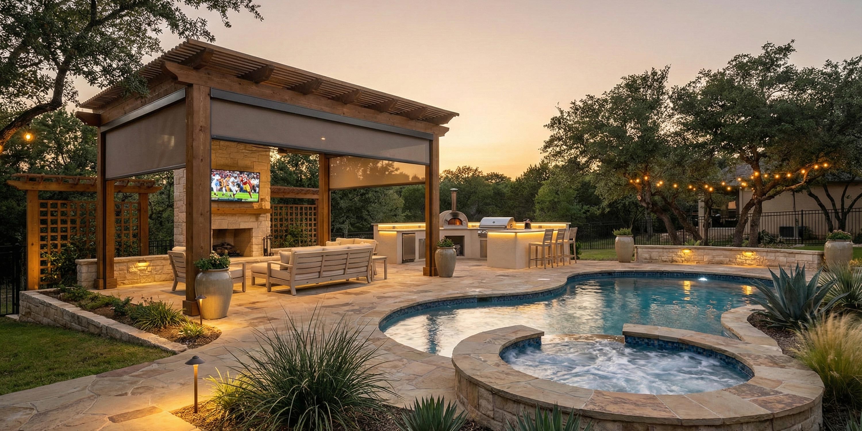 Stone patio with pool, hot tub, and a covered kitchen area