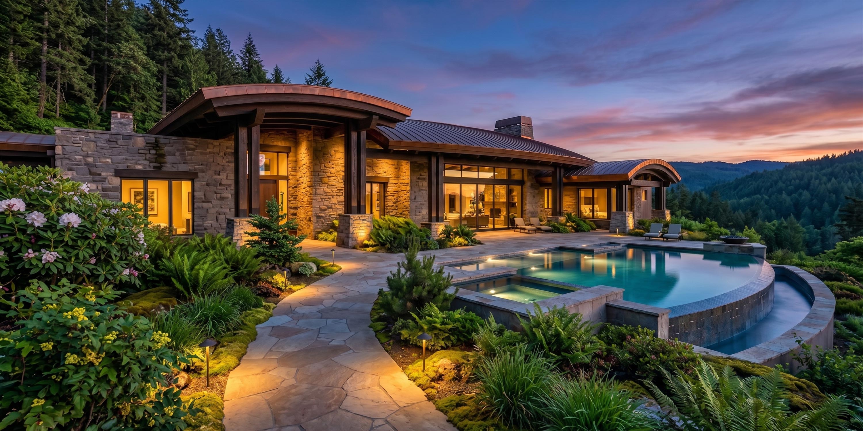 Luxury stone estate with an infinity pool overlooking mountains