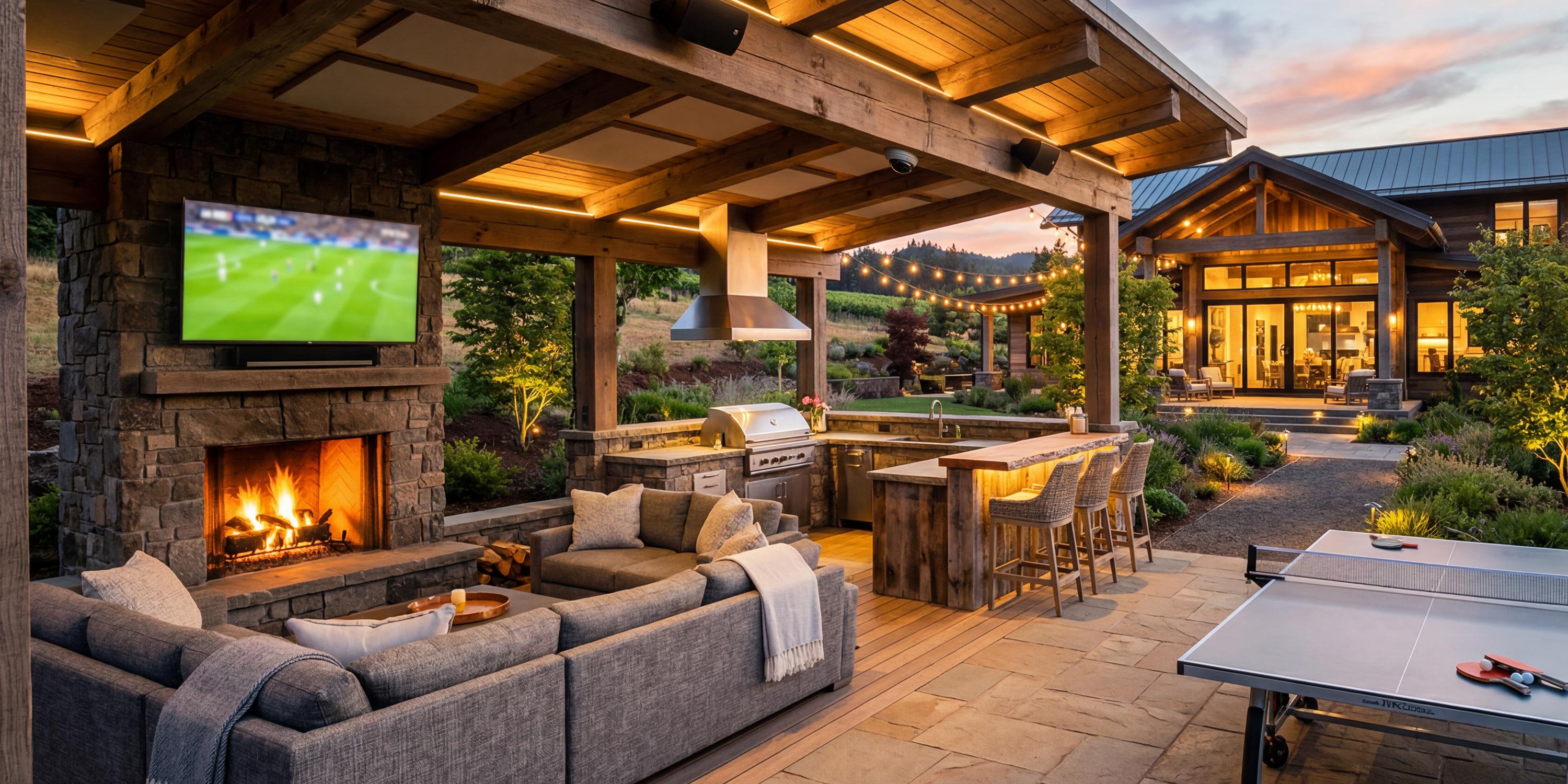 Covered patio with fireplace, grill station, and ping pong table