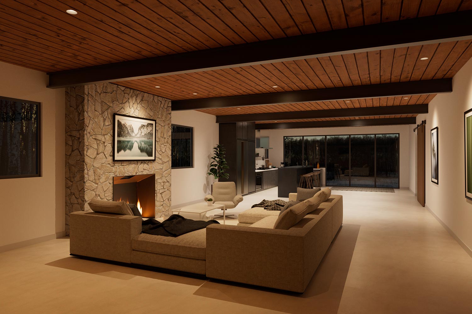 A modern living room with a stone fireplace, beige sectional sofa, and wooden ceiling, open to a kitchen area with large glass doors.