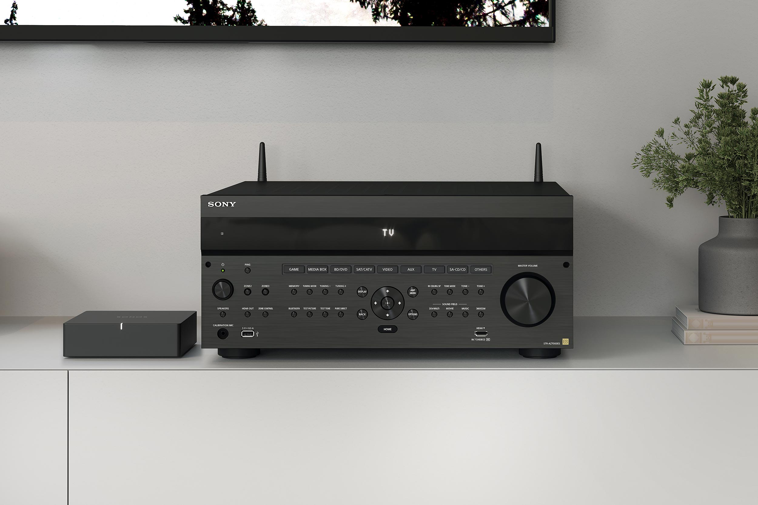 A black audio-video receiver displayed on a white cabinet next to a small potted plant.
